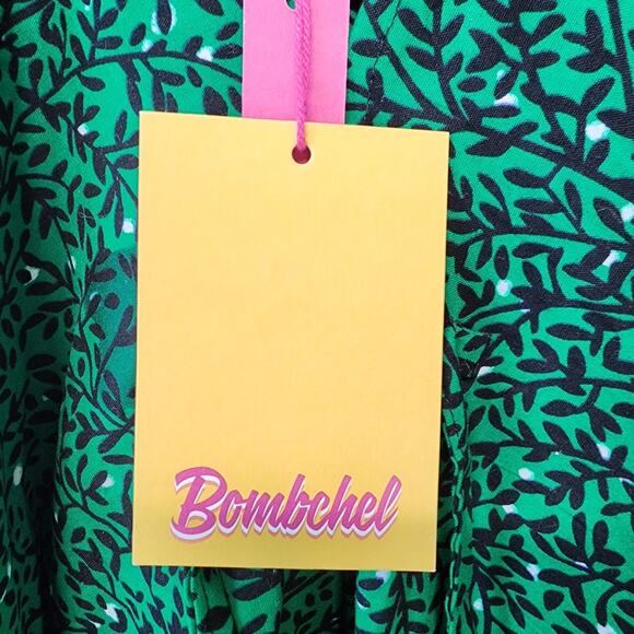 Bombchel V-Neck Asymmetric Hem Halter Dress Green Floral 100% Cotton OS M/L - Picture 14 of 15